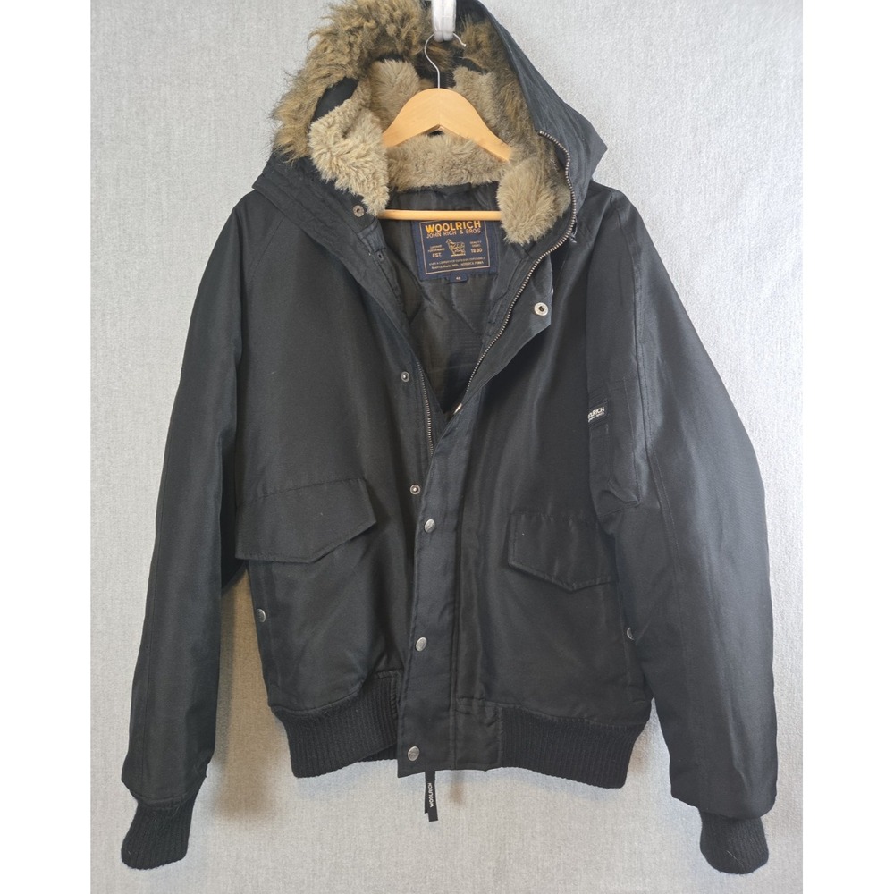 Woolrich Retro Bomber Jacket Mens Coat 48 Thermolite Faux Fur Trim Parka Black